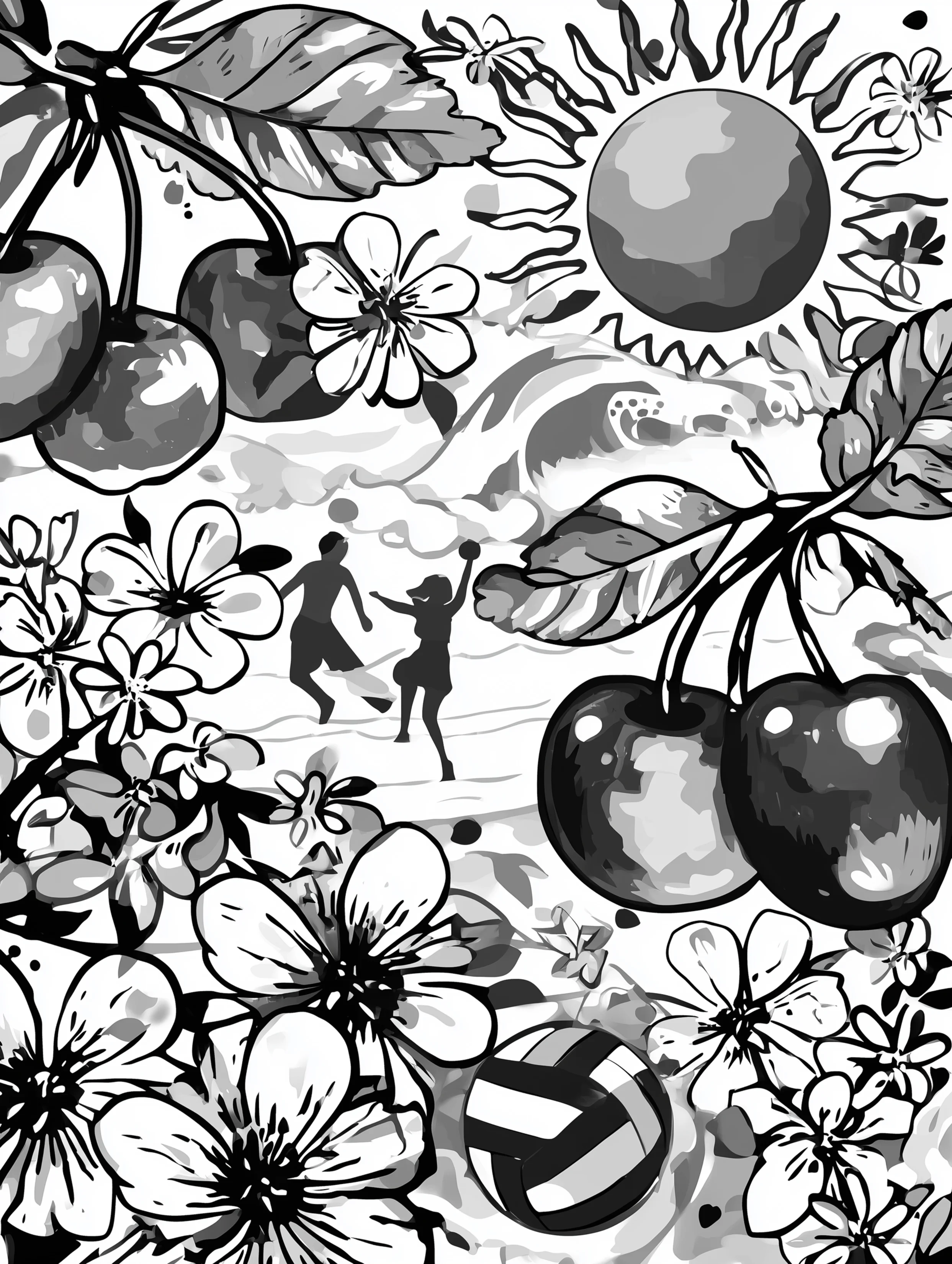 Free printable volleyball coloring page for adults featuring a volleyball with cherries and apples